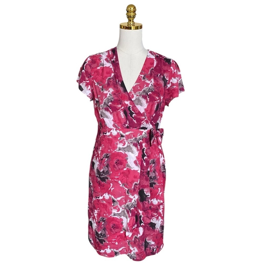 RW & CO Womens Pink Floral Faux Wrap Side Bow V-Neck Short Sleeve Dress Size M